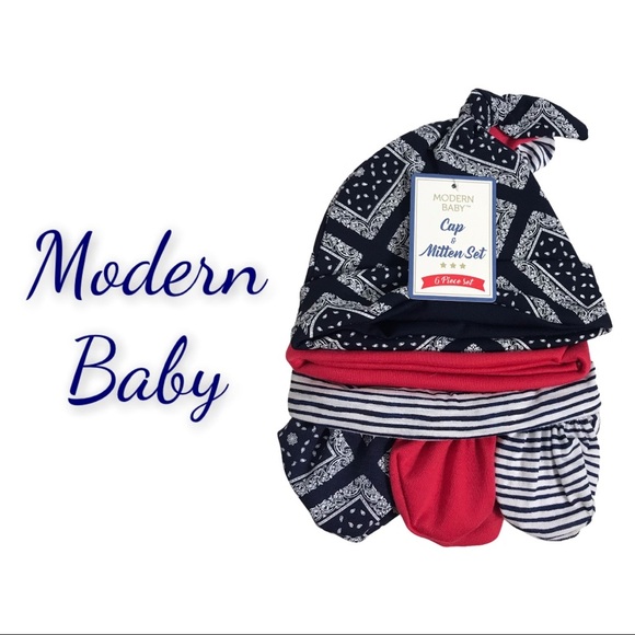 New 6 Piece Modern Baby Cap & Mitten Set - Picture 1 of 9
